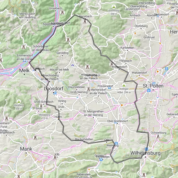Miniatura della mappa di ispirazione al ciclismo "Esplorazione di Schönbühel" nella regione di Niederösterreich, Austria. Generata da Tarmacs.app, pianificatore di rotte ciclistiche