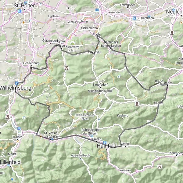 Miniatua del mapa de inspiración ciclista "Ruta de Carretera por Hummelberg y Schloss Ochsenburg" en Niederösterreich, Austria. Generado por Tarmacs.app planificador de rutas ciclistas