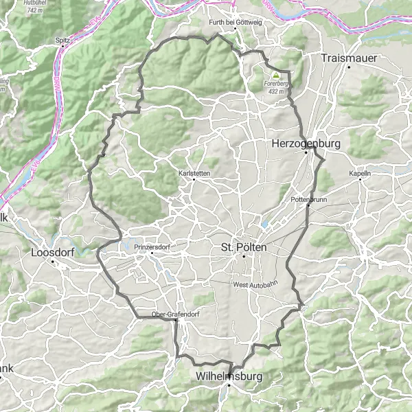 Kartminiatyr av "Kulturella och natursköna höjdpunkter" cykelinspiration i Niederösterreich, Austria. Genererad av Tarmacs.app cykelruttplanerare