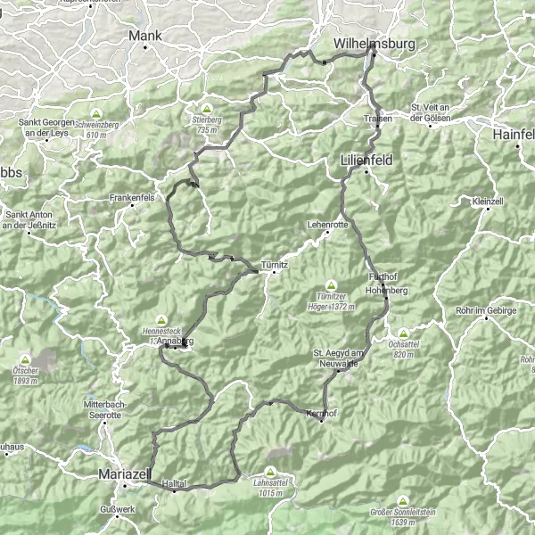 Mapa miniatúra "Cyklistická trasa okolo Wilhelmsburgu" cyklistická inšpirácia v Niederösterreich, Austria. Vygenerované cyklistickým plánovačom trás Tarmacs.app
