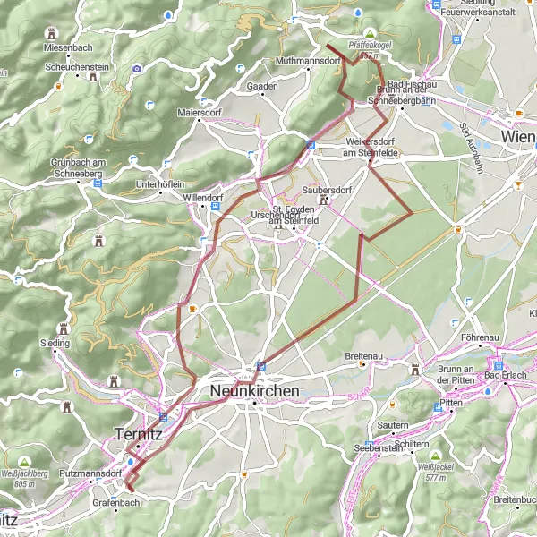 Miniatura della mappa di ispirazione al ciclismo "Percorso in gravel tra Ternitz e Petersberg" nella regione di Niederösterreich, Austria. Generata da Tarmacs.app, pianificatore di rotte ciclistiche