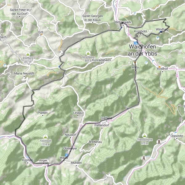 Zemljevid v pomanjšavi "Kolesarska pot okoli Windhaga" kolesarske inspiracije v Niederösterreich, Austria. Generirano z načrtovalcem kolesarskih poti Tarmacs.app
