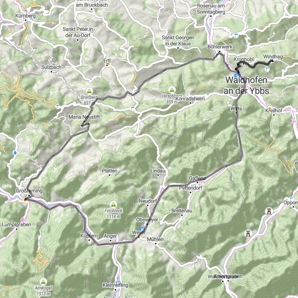 Miniatua del mapa de inspiración ciclista "Ruta alrededor de Windhag y alrededores" en Niederösterreich, Austria. Generado por Tarmacs.app planificador de rutas ciclistas