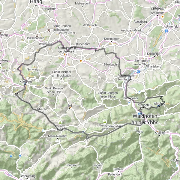 Kartminiatyr av "Rundtur fra Windhag" sykkelinspirasjon i Niederösterreich, Austria. Generert av Tarmacs.app sykkelrutoplanlegger