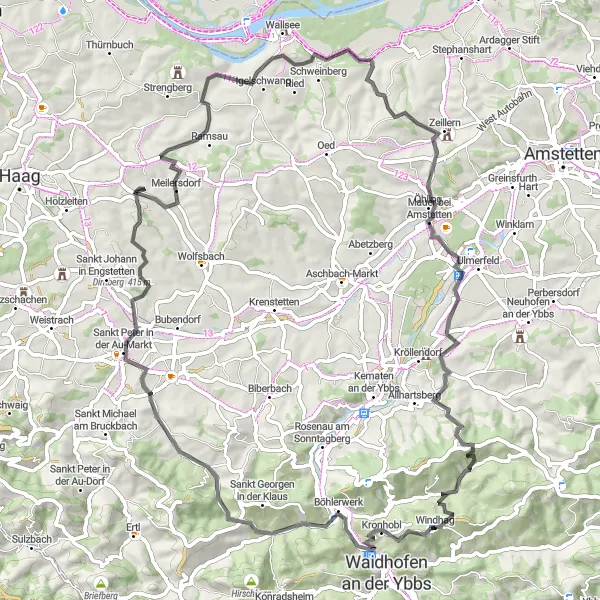 Karttaminiaatyyri "Windhag - Weinbergkogel - Sankt Peter in der Au-Markt - Hummelberg - Zeillern - Hexenturm - Kogel - Windhag" pyöräilyinspiraatiosta alueella Niederösterreich, Austria. Luotu Tarmacs.app pyöräilyreittisuunnittelijalla