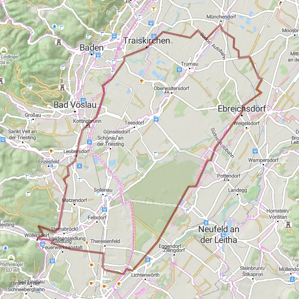 Zemljevid v pomanjšavi "Gravelna pot od Wöllersdorfa" kolesarske inspiracije v Niederösterreich, Austria. Generirano z načrtovalcem kolesarskih poti Tarmacs.app