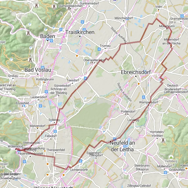 Miniatura della mappa di ispirazione al ciclismo "Esplorazione dei paesaggi rurali nei dintorni di Wöllersdorf" nella regione di Niederösterreich, Austria. Generata da Tarmacs.app, pianificatore di rotte ciclistiche