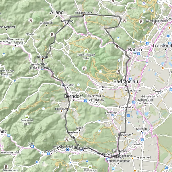 Miniatua del mapa de inspiración ciclista "Ruta Escénica por Heiligenkreuz" en Niederösterreich, Austria. Generado por Tarmacs.app planificador de rutas ciclistas
