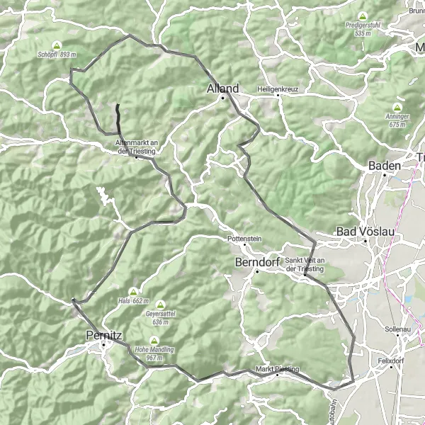 Kartminiatyr av "Wöllersdorf - St. Corona am Schöpfl Loop" cykelinspiration i Niederösterreich, Austria. Genererad av Tarmacs.app cykelruttplanerare