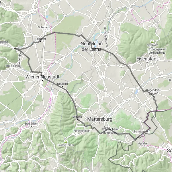 Map miniature of "Wiener Neustadt Adventure" cycling inspiration in Niederösterreich, Austria. Generated by Tarmacs.app cycling route planner