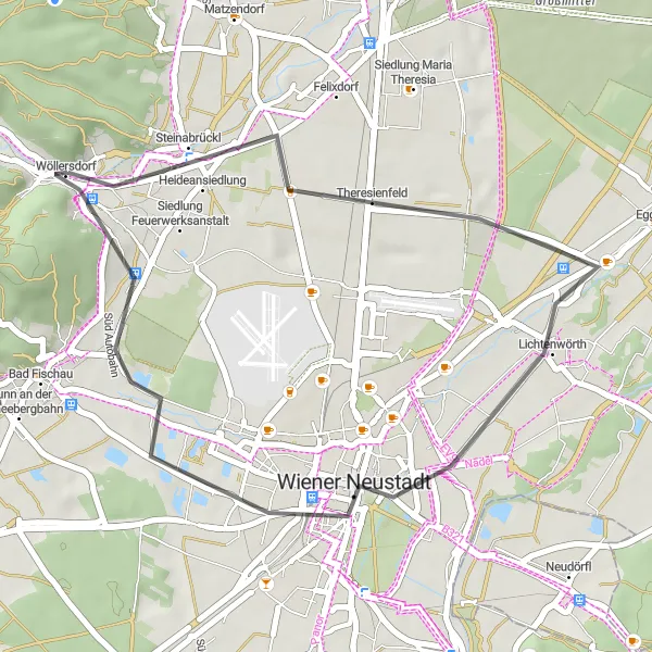 Miniatua del mapa de inspiración ciclista "Ruta por carretera a Wiener Neustadt" en Niederösterreich, Austria. Generado por Tarmacs.app planificador de rutas ciclistas