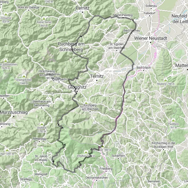 Zemljevid v pomanjšavi "Velika Kolesarska Dogodivščina" kolesarske inspiracije v Niederösterreich, Austria. Generirano z načrtovalcem kolesarskih poti Tarmacs.app