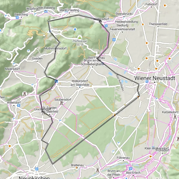 Kartminiatyr av "Blumberg til Markt Piesting Road Bike Route" sykkelinspirasjon i Niederösterreich, Austria. Generert av Tarmacs.app sykkelrutoplanlegger