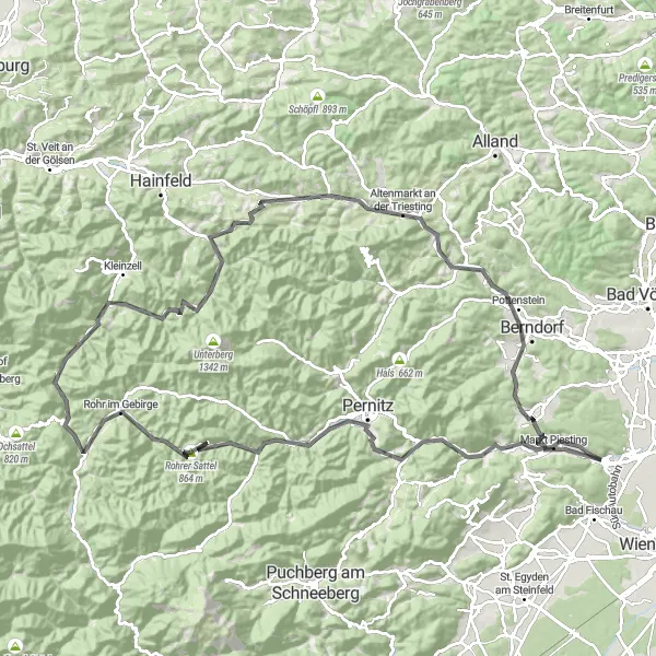 Karttaminiaatyyri "Mountain Challenge to Markt Piesting" pyöräilyinspiraatiosta alueella Niederösterreich, Austria. Luotu Tarmacs.app pyöräilyreittisuunnittelijalla