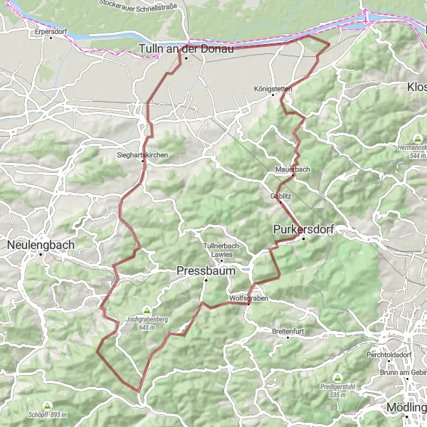 Miniatua del mapa de inspiración ciclista "Aventura en los caminos de grava cerca de Wördern" en Niederösterreich, Austria. Generado por Tarmacs.app planificador de rutas ciclistas