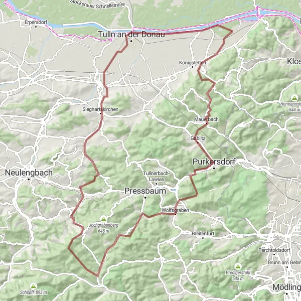 Karttaminiaatyyri "Wördern – Eichgraben – Tulln an der Donau Roundtrip" pyöräilyinspiraatiosta alueella Niederösterreich, Austria. Luotu Tarmacs.app pyöräilyreittisuunnittelijalla