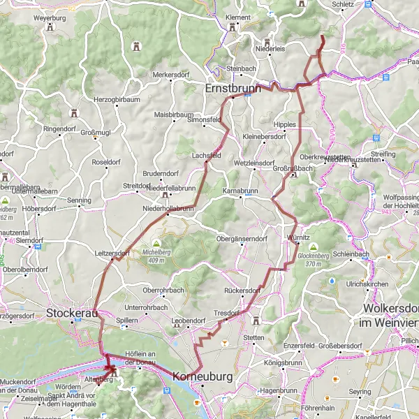 Kartminiatyr av "Äventyr i Ernstbrunn" cykelinspiration i Niederösterreich, Austria. Genererad av Tarmacs.app cykelruttplanerare