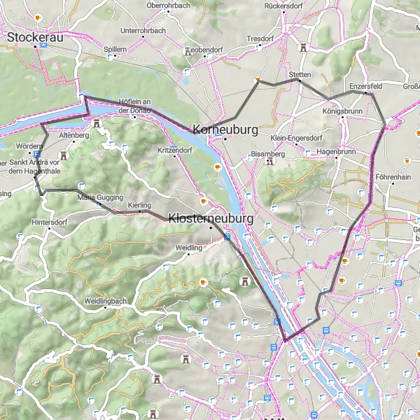 Zemljevid v pomanjšavi "Cestna krožna pot skozi predmestja Dunaja" kolesarske inspiracije v Niederösterreich, Austria. Generirano z načrtovalcem kolesarskih poti Tarmacs.app