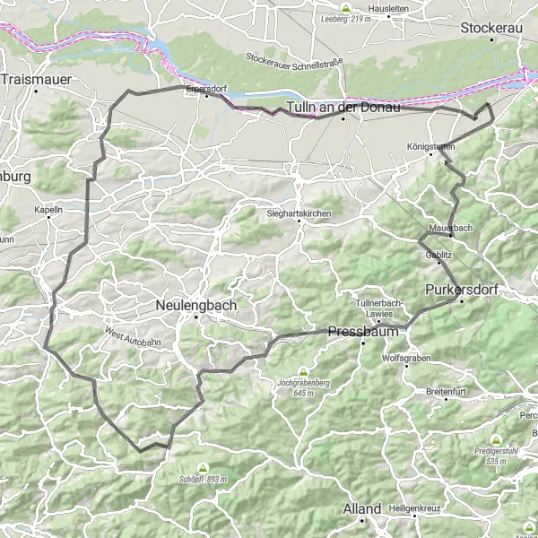 Miniatura della mappa di ispirazione al ciclismo "Avventura ciclistica verso Baumwipfelweg e Tulln an der Donau" nella regione di Niederösterreich, Austria. Generata da Tarmacs.app, pianificatore di rotte ciclistiche