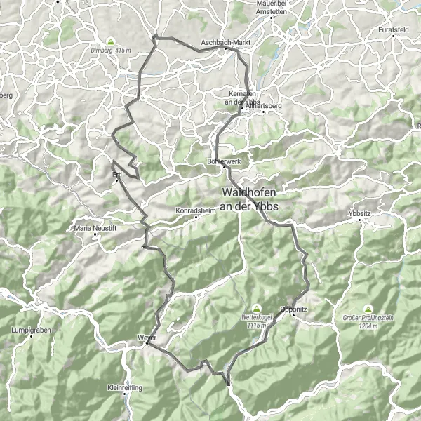 Miniatura della mappa di ispirazione al ciclismo "Esplorazione tra i vigneti di Kreuzstöcklberg e Kematen an der Ybbs" nella regione di Niederösterreich, Austria. Generata da Tarmacs.app, pianificatore di rotte ciclistiche