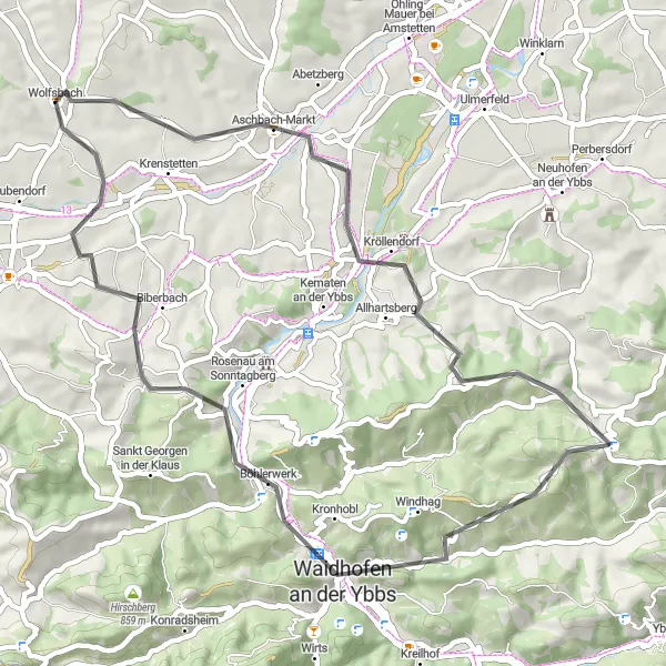 Miniatuurkaart van de fietsinspiratie "Wolfsbach naar Aschbach-Markt" in Niederösterreich, Austria. Gemaakt door de Tarmacs.app fietsrouteplanner