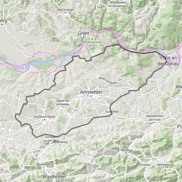 Kartminiatyr av "Avslappende rute gjennom Donau-dalen" sykkelinspirasjon i Niederösterreich, Austria. Generert av Tarmacs.app sykkelrutoplanlegger