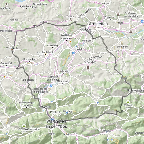 Miniatura della mappa di ispirazione al ciclismo "Giro panoramico da Wolfsbach a Waidhofen" nella regione di Niederösterreich, Austria. Generata da Tarmacs.app, pianificatore di rotte ciclistiche