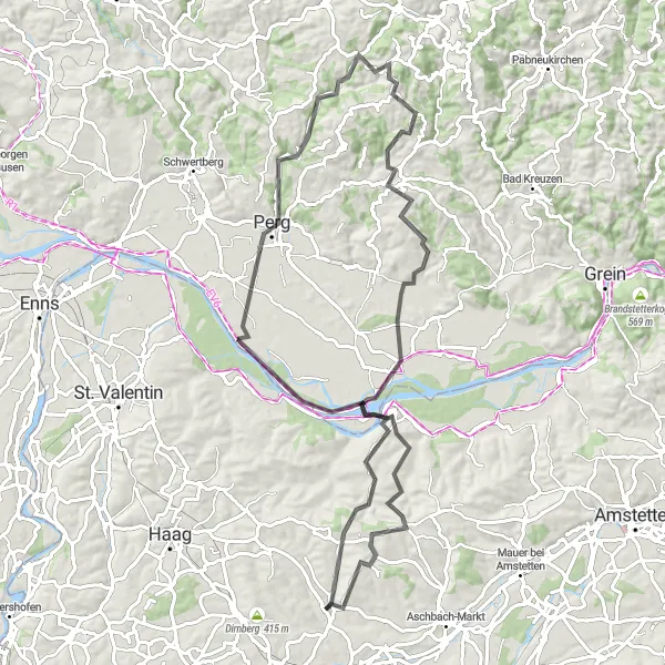 Miniatura della mappa di ispirazione al ciclismo "Giro ciclistico attraverso Hummelberg e Münzbach" nella regione di Niederösterreich, Austria. Generata da Tarmacs.app, pianificatore di rotte ciclistiche