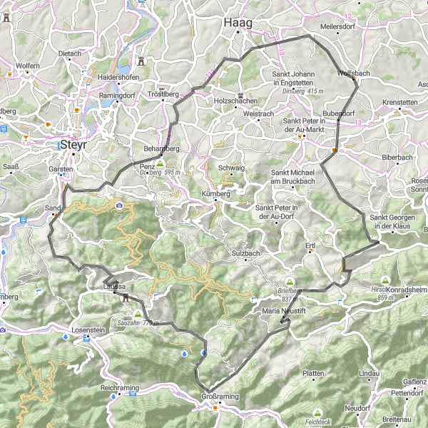 Miniatura della mappa di ispirazione al ciclismo "Avventura in bici da Wolfsbach a Garsten" nella regione di Niederösterreich, Austria. Generata da Tarmacs.app, pianificatore di rotte ciclistiche