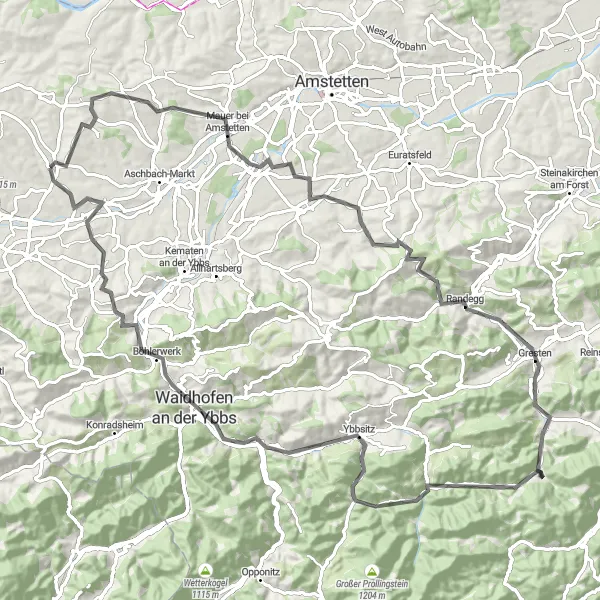 Karttaminiaatyyri "Haastava maantiepyöräreitti Ybbsin laaksossa" pyöräilyinspiraatiosta alueella Niederösterreich, Austria. Luotu Tarmacs.app pyöräilyreittisuunnittelijalla