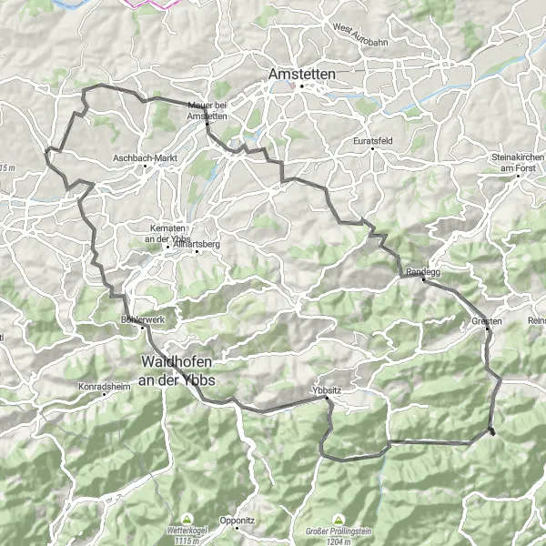 Miniatua del mapa de inspiración ciclista "Ruta de ciclismo de carretera desde Wolfsbach" en Niederösterreich, Austria. Generado por Tarmacs.app planificador de rutas ciclistas