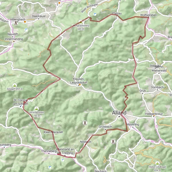Miniatura della mappa di ispirazione al ciclismo "Esplorazione Gravel tra i Monti" nella regione di Niederösterreich, Austria. Generata da Tarmacs.app, pianificatore di rotte ciclistiche