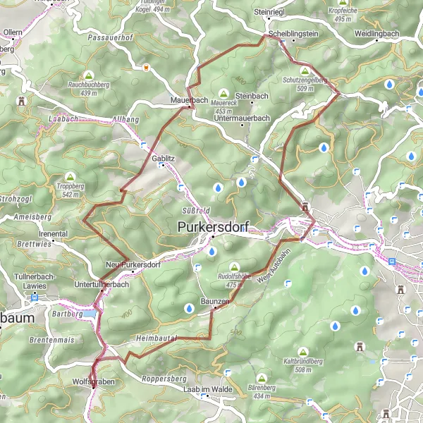 Miniatura della mappa di ispirazione al ciclismo "Rotta in Gravel verso Gablitz e Schloss Laudon" nella regione di Niederösterreich, Austria. Generata da Tarmacs.app, pianificatore di rotte ciclistiche