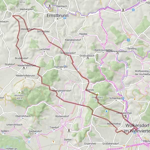 Miniatua del mapa de inspiración ciclista "Ruta de ciclismo de grava por los alrededores de Wolkersdorf im Weinviertel" en Niederösterreich, Austria. Generado por Tarmacs.app planificador de rutas ciclistas