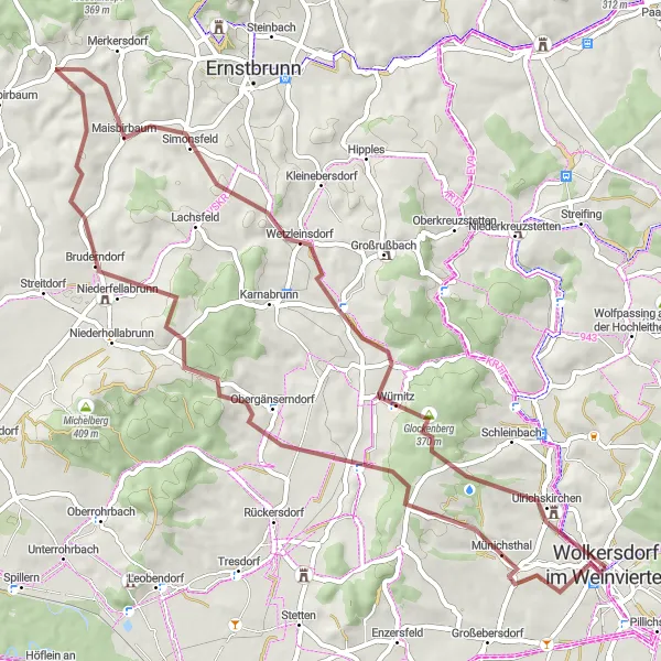 Miniatuurkaart van de fietsinspiratie "Ontdek de verborgen schatten van Wolkersdorf gravelroute" in Niederösterreich, Austria. Gemaakt door de Tarmacs.app fietsrouteplanner