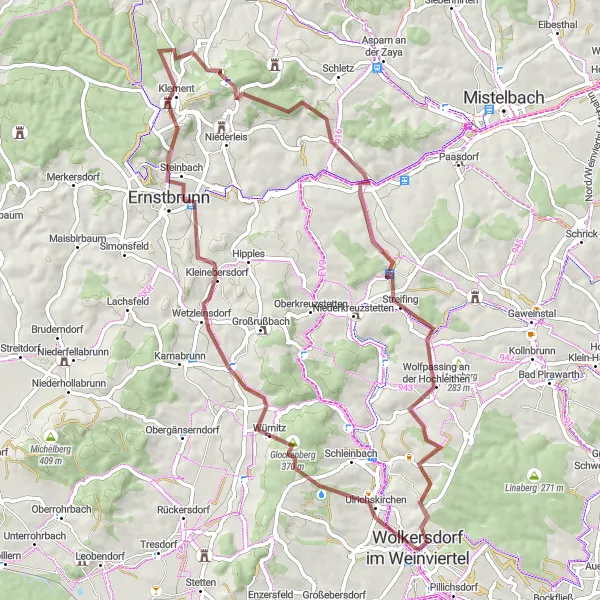 Kartminiatyr av "Grusvägarna runt Weinviertel" cykelinspiration i Niederösterreich, Austria. Genererad av Tarmacs.app cykelruttplanerare