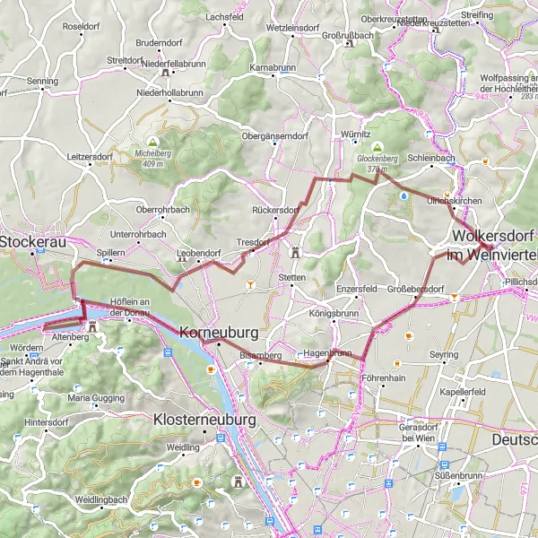Miniatura mapy "Trasa gravelowa z Burg Kreuzenstein i Schliefberg" - trasy rowerowej w Niederösterreich, Austria. Wygenerowane przez planer tras rowerowych Tarmacs.app