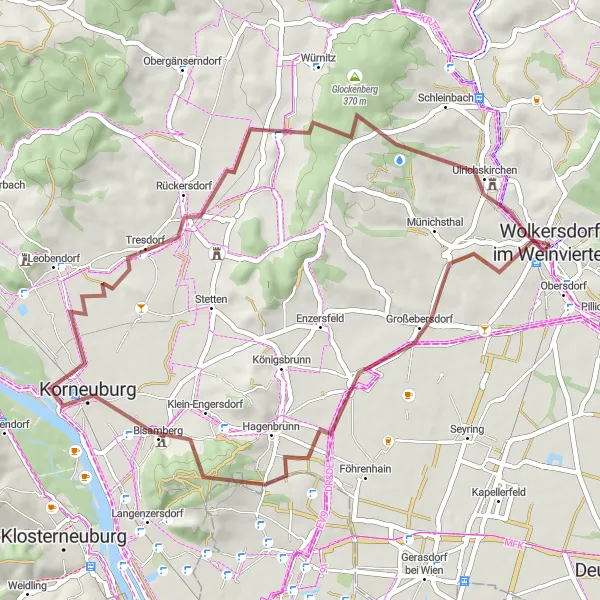 Karttaminiaatyyri "Hiekkatiepyöräily Hagenbrunn Loop" pyöräilyinspiraatiosta alueella Niederösterreich, Austria. Luotu Tarmacs.app pyöräilyreittisuunnittelijalla