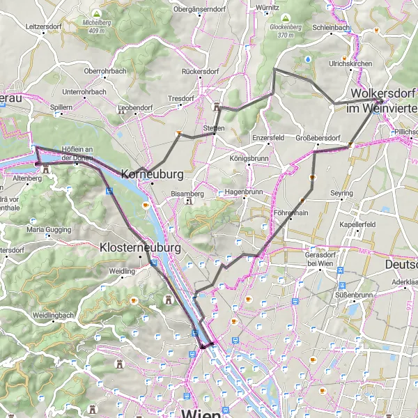 Miniatua del mapa de inspiración ciclista "Recorrido en bicicleta por los alrededores de Wolkersdorf im Weinviertel" en Niederösterreich, Austria. Generado por Tarmacs.app planificador de rutas ciclistas