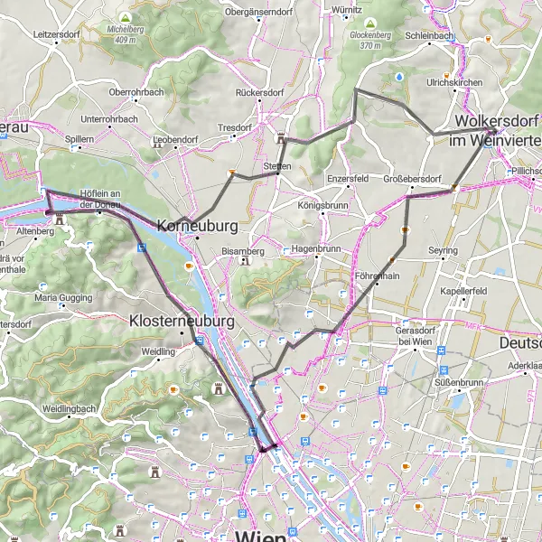 Map miniature of "Weinviertel Road Adventure" cycling inspiration in Niederösterreich, Austria. Generated by Tarmacs.app cycling route planner