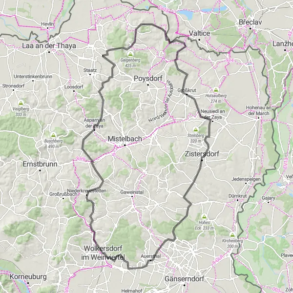 Kartminiatyr av "Wolkersdorf im Weinviertel til Bockberg Road Cycling Rute" sykkelinspirasjon i Niederösterreich, Austria. Generert av Tarmacs.app sykkelrutoplanlegger