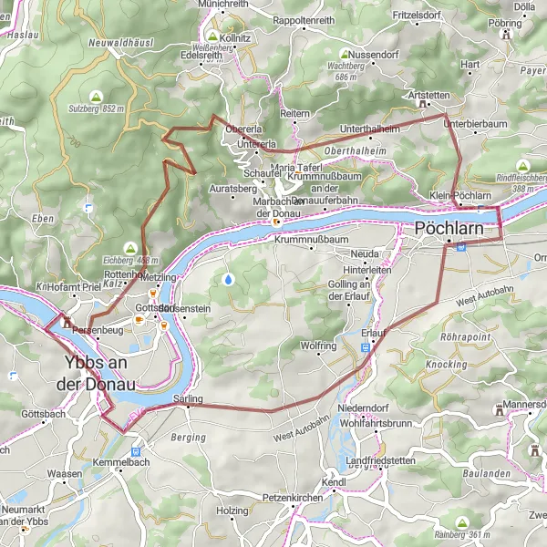 Map miniature of "Gravel Cycling Route with Natural and Historical Highlights" cycling inspiration in Niederösterreich, Austria. Generated by Tarmacs.app cycling route planner