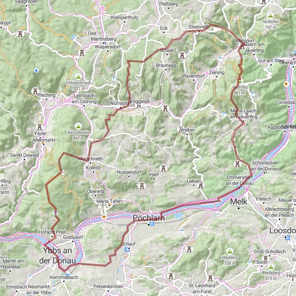 Miniatuurkaart van de fietsinspiratie "Gravel Avontuur en Historische Bezienswaardigheden" in Niederösterreich, Austria. Gemaakt door de Tarmacs.app fietsrouteplanner