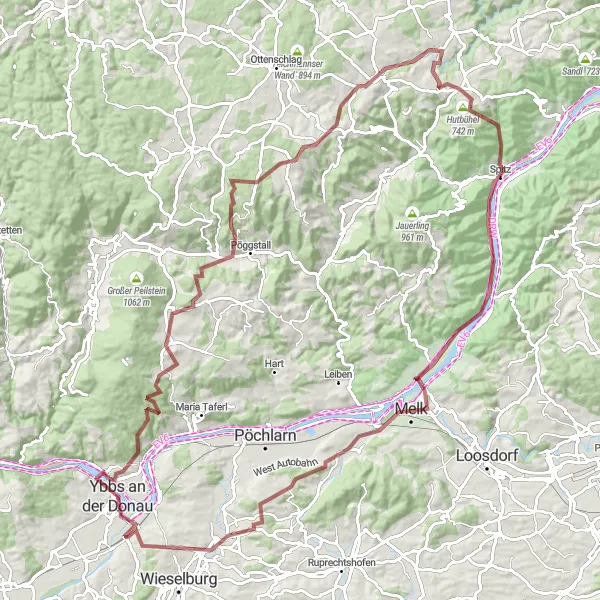 Miniatura della mappa di ispirazione al ciclismo "Avventura Gravel attraverso la Campagna Austriaca" nella regione di Niederösterreich, Austria. Generata da Tarmacs.app, pianificatore di rotte ciclistiche