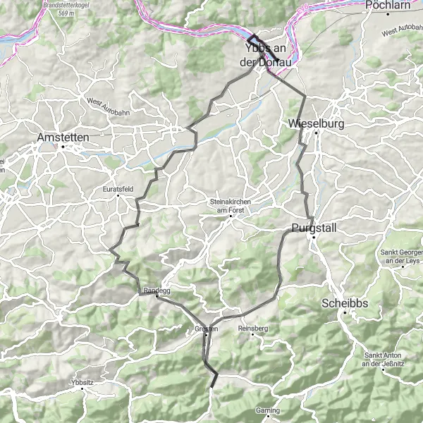 Miniaturní mapa "Okruh kolem Ybbs v blízkosti Donau" inspirace pro cyklisty v oblasti Niederösterreich, Austria. Vytvořeno pomocí plánovače tras Tarmacs.app