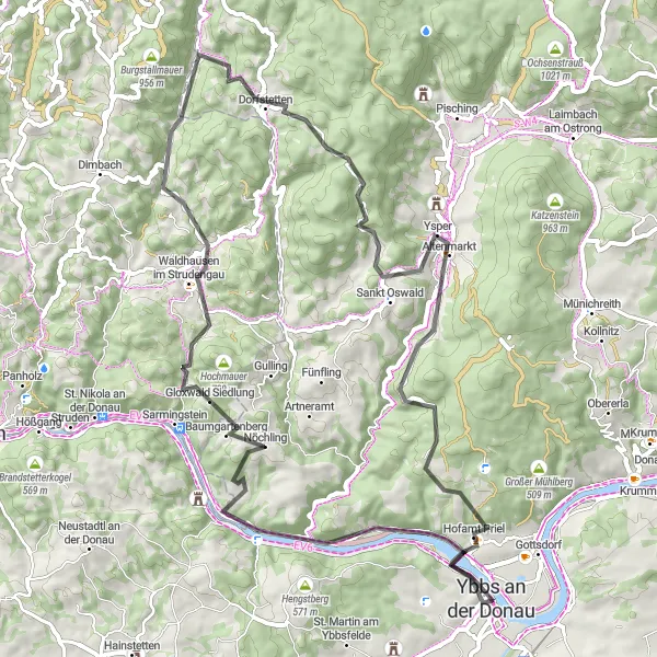 Map miniature of "Ybbs an der Donau Panoramablick Loop" cycling inspiration in Niederösterreich, Austria. Generated by Tarmacs.app cycling route planner