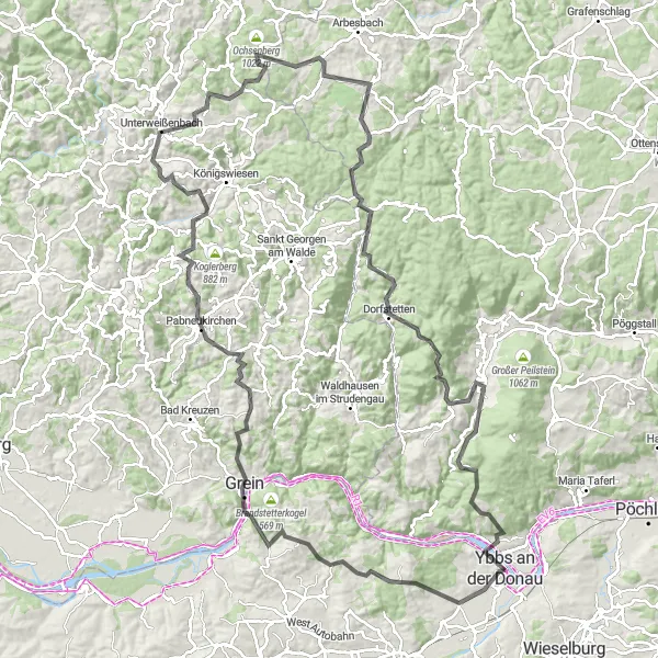 Miniature de la carte de l'inspiration cycliste "La Route des Châteaux et des Villages pittoresques" dans la Niederösterreich, Austria. Générée par le planificateur d'itinéraire cycliste Tarmacs.app