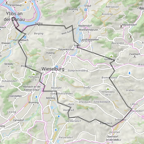 Mapa miniatúra "Cyklotúra okolo Ötscherblick a Persenbeug" cyklistická inšpirácia v Niederösterreich, Austria. Vygenerované cyklistickým plánovačom trás Tarmacs.app
