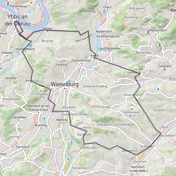 Miniatua del mapa de inspiración ciclista "Ruta escénica por Sarling y Persenbeug" en Niederösterreich, Austria. Generado por Tarmacs.app planificador de rutas ciclistas