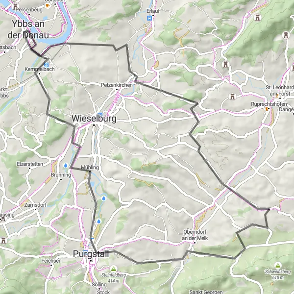 Miniatua del mapa de inspiración ciclista "Ruta panorámica desde Sarling al río Danubio" en Niederösterreich, Austria. Generado por Tarmacs.app planificador de rutas ciclistas